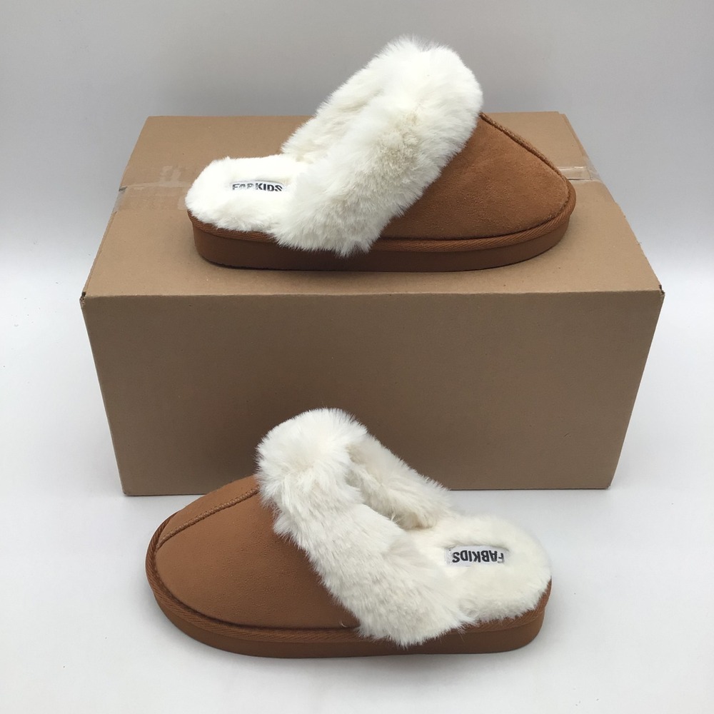 FabKids Biscuit Tan Faux Suede Fur Trim Slippers Kids Size 3 NEW